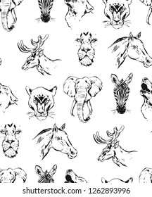 Hand drawn vector abstract artistic ink textured graphic sketch drawing illustrations seamless pattern of wildlife animals zebra, lion,puma,wolf,horse and deer heads isolated on white background.