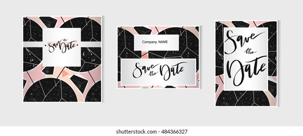 Hand drawn vector abstract artistic geometric card save the date templates set collection. Design for poster, card, invitation, placard, brochure, flayer.