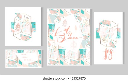 Hand drawn vector abstract artistic geometric Merry Christmas greeting cards template set on polygonal terrarium background in gold,white,pink pastel and tiffany blue colors.