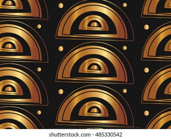 Hand drawn vector abstract artistic geometric modern seamless pattern in gold colors isolated on black background. Hand drawn vintage texture, lines, dots pattern and geometric elements.