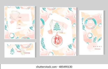 Hand drawn vector abstract artistic creative christmas cards template with handwritten modern lettering phase joy on christmas ball and christmas tree in gold terrarium in pastel,blue,pink and gold