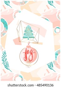 Hand drawn vector abstract artistic creative christmas background with handwritten modern lettering phase joy on christmas ball and christmas tree in gold terrarium in pastel,blue,pink and gold colors