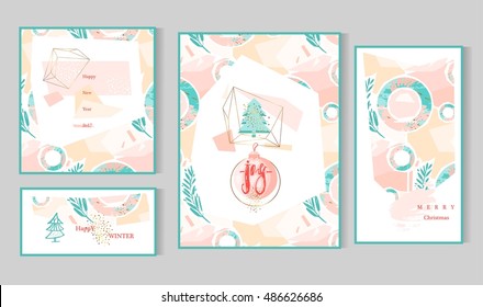 Hand drawn vector abstract artistic creative christmas cards template with handwritten modern lettering phase joy on christmas ball and christmas tree in gold terrarium in pastel,blue,pink and gold