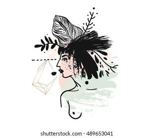 Hand drawn vector abstract artistic texture modern exotic illustration with young nude female and tropical floral in her hair in pastel,gold,black and white colors.