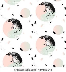 Hand drawn vector abstract artistic texture modern exotic seamless pattern with young nude female and tropical floral in her hair in pastel,black and white colors.