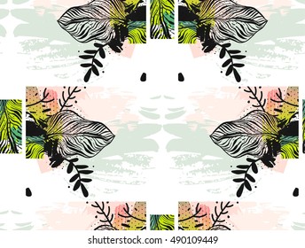Hand drawn vector abstract artistic textured seamless pattern with green palm leaf isolated on white background.Tropical palm tree leaves.
