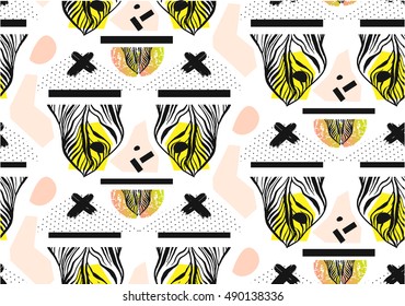 Hand drawn vector abstract artistic textured geometric seamless pattern with tropical leaves and ink brushed crosses isolated on white background