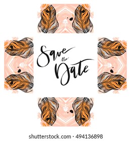 Hand drawn vector abstract artistic unusual modern tribal ornamental save the date card template design with tropical palm leaves reflection frame in pastel orange colors isolated on white background.