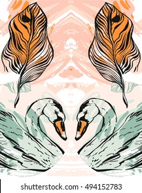 Hand drawn vector abstract artistic texture unusual composition card template with romantic swans and tropical palm leaves in pastel colors.Design for wedding,birthday,valentine day,greeting,holiday