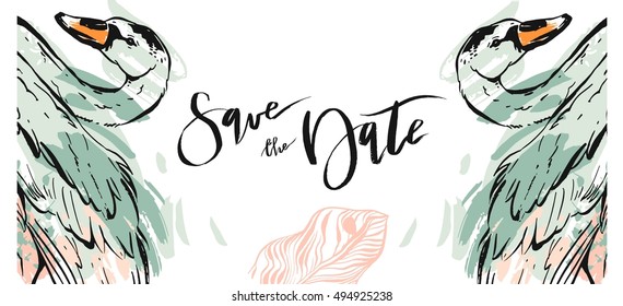 Hand drawn vector abstract artistic texture unusual save the date card template with romantic swans and tropical palm leaves in pastel colors.Design for wedding,birthday,valentine day,greeting,holiday