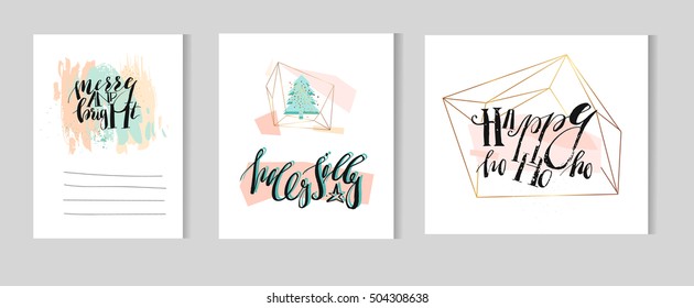 Hand drawn vector abstract artistic Christmas and New Year greeting template collection card set with modern ink calligraphy phases,christmas tree in gold terrarium in pastel colors.