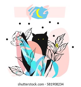 Hand drawn vector abstract artistic creative artwork illustration with black cute monster in night fairy forest in bright blue and pastel colors isolated on white background.Wild soul concept art.