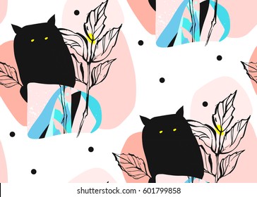 Hand drawn vector abstract artistic creative artworks illustrations seamless pattern with black cute monsters in night fairy wild forest in bright blue and pastel colors isolated on white background.