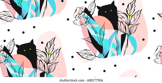 Hand drawn vector abstract artistic creative artworks illustrations seamless pattern with black cute monsters in night fairy wild forest in bright blue and pastel colors isolated on white background.