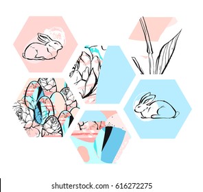 Hand drawn vector abstract artistic textured hexagon shapes. Easter collage with graphic flowers, bunny and Easter eggs in pastel colors. Cute spring decoration isolated on black background