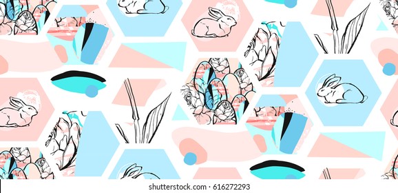 Hand drawn vector abstract artistic textured hexagon shapes. Easter collage seamless pattern with graphic flowers,bunny and Easter eggs in pastel colors. Cute decoration isolated on white background.