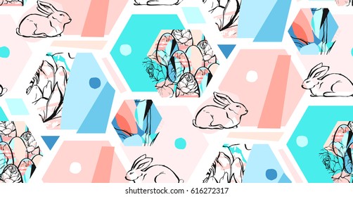 Hand drawn vector abstract artistic textured hexagon shapes decoration. Easter collage seamless pattern with graphic flowers, bunny and Easter eggs in pastel colors. Isolated on white background.