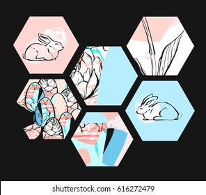 Hand drawn vector abstract artistic textured hexagon shapes. Easter collage with graphic flowers, bunny and Easter eggs in pastel colors. Cute spring decoration isolated on black background. 