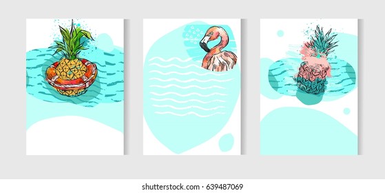 Hand drawn vector abstract artistic freehand drawing unusual summer time cards set template collection with pineapple fruit on ocean waves isolated on white background