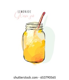 Hand drawn vector abstract artistic cooking illustration of tropical lemonade shake drink in glass jar isolated on white background.Diet detox concept.