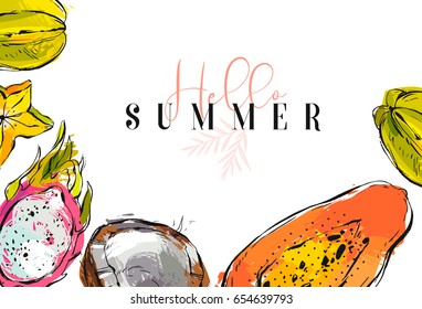 Hand drawn vector abstract artistic tropical header with exotic fruits coconut,papaya,carambola ,dragon fruit and modern calligraphy quote Hello summer isolated on white background.