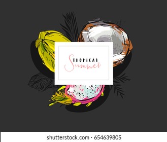 Hand drawn vector abstract artistic summer time tropical header with exotic fruits pitaya,coconut,carambola,palm leaves silhouette and modern calligraphy quote Tropical Summer isolated on black