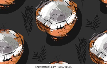 Hand drawn vector abstract artistic freehand textured unusual seamless pattern with exotic tropical fruit coconut and palm leaves isolated on black background.