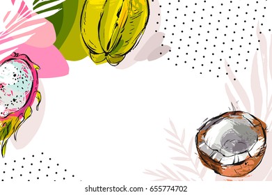 Hand drawn vector abstract artistic tropical header with exotic fruits coconut,papaya,carambola ,dragon fruit and polka dots texture isolated on white background.