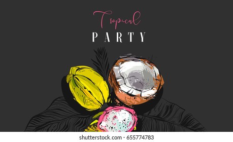 Hand drawn vector abstract artistic tropic party invitation poster with exotic fruits coconut,papaya,carambola ,dragon fruit and modern calligraphy quote Tropical Party isolated on black background.