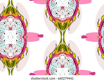 Hand drawn vector abstract artistic seamless pattern with tropical dragon fruit and freehand textures in pastel colors isolated on white background.