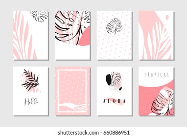 Hand drawn vector of an abstract artistic freehand textured unusual cards set template collection with tropical palm leaves in pastel colors isolated on white background.