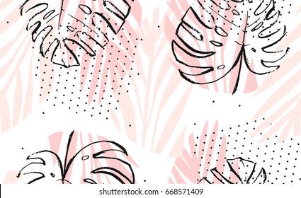 Hand drawn vector abstract artistic freehand textured tropical palm leaves seamless pattern in pastel colors with polka dots texture.