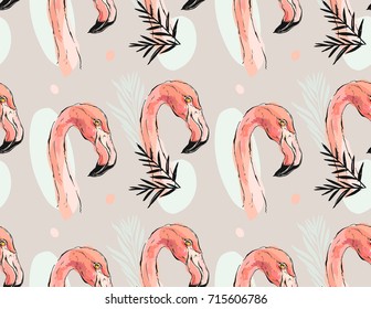 Hand drawn vector abstract artistic seamless pattern of tropical exotic paradise birds pink flamingos in pastel colors with exotic palm leaves isolated on pastel background