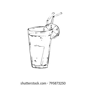 Hand drawn vector abstract artistic cooking ink sketch illustration of tropical lemonade shake drink in glass jar isolated on white background.Diet detox concept.