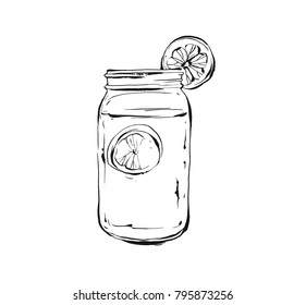 Hand drawn vector abstract artistic cooking ink sketch illustration of tropical lemonade shake drink in glass mason jar isolated on white background.Diet detox concept.