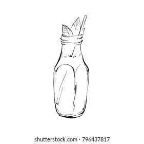 Hand drawn vector abstract artistic cooking ink sketch illustration of tropical fruit lemonade shake drink in glass bottle jar isolated on white background.Diet detox concept.