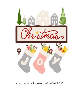 Hand drawn vector abstract big Merry Christmas time and New Year cartoon cards collection set with cute illustrations