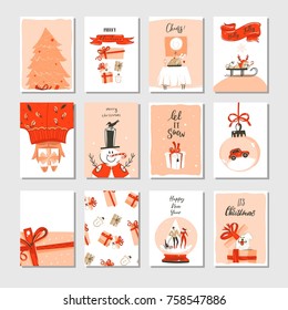 Hand drawn vector abstract big Merry Christmas time and New Year cartoon cards collection set with cute illustrations,surprise gift boxes,Xmas tree and modern calligraphy isolated on white background.