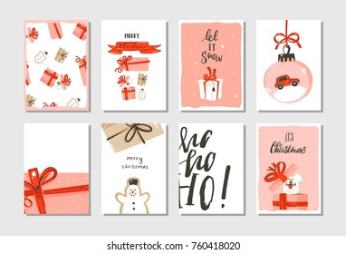 Hand drawn vector abstract big Merry Christmas time and New Year cartoon cards collection set with cute illustrations,surprise gift boxes,dogs and modern calligraphy isolated on white background.