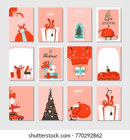 Hand drawn vector abstract big Merry Christmas time and New Year cartoon cards collection set with cute illustrations,surprise gift boxes,Xmas tree and modern calligraphy isolated on white background.