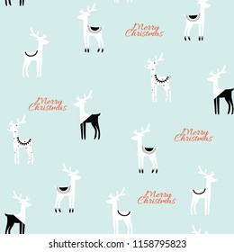 Hand drawn vector abstract black white deer Merry Christmas time cartoon illustrations greeting card template. Mint background. Scandinavian style. Seamless pattern.