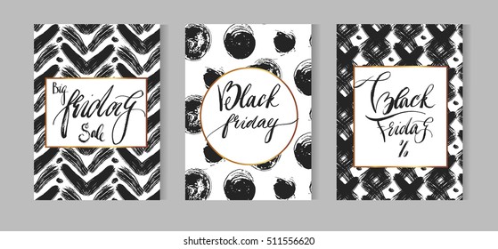Hand drawn vector abstract Black friday sale cards set collection in black,white and gold luxury colors with rough calligraphy.Black Friday banner,flayer,poster,discounts.Polka dot,zig zag textures.