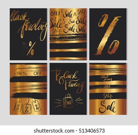 Hand Drawn Vector Abstract Black Friday Sale Cards Set Collection In Black,white And Gold Luxury Colors With Rough Calligraphy. 