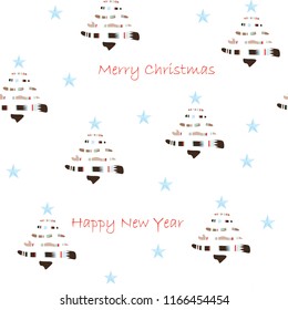 Hand drawn vector abstract Boho style Christmas tree seamless pattern. Tender Christmas illustration. White background.