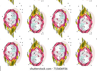 Hand drawn vector abstract bright unusual seamless pattern with exotic tropical dragon fruit or pitaya isolated on white background.
