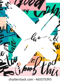 Hand drawn vector abstract brush textured template card on modern background with different words and big white cross with word love.Handwritten lettering.