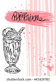 Hand drawn vector abstract card of milkshake.Design for kids menu,birthday,sweet shop,milkshake cafe,sweet store,milk shake party,dessert menu.Card template.