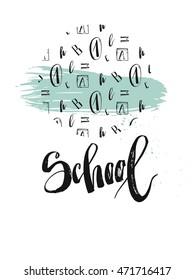 Hand drawn vector abstract card template with handwritten school phase and alphabet  letters isolated on white background.