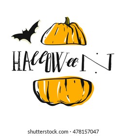 Hand drawn vector abstract card template with pumpkin,bat and handwritten modern lettering word Halloween.Halloween banner or poster with cute pumpkin isolated on white background.