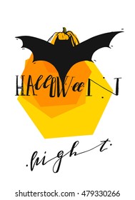 Hand drawn vector abstract card template with pumpkin,bat and handwritten modern lettering phase Halloween night in orange,black and yellow colors isolated on white background.Halloween poster.